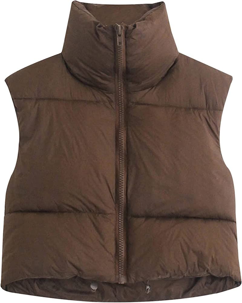 Ainangua Women's Crop Padded Vest Stand Collar Lightweight Sleeveless Puffer Zip Up Gilet Outerwear | Amazon (US)