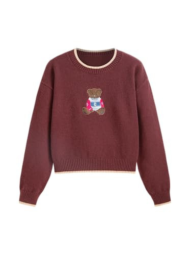 CIDER Womens Sweaters Fall Long Sleeve Bear Graphic Crewneck Sweater Soft Knit Casual Cropped Pullover Cute Fall Outfits 2024: Wine, XXS | Amazon (US)