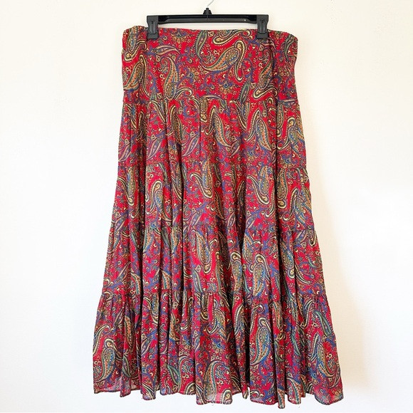 Vintage Ralph Lauren Western Cotton Red Boho Festival Paisley Midi Skirt | Poshmark