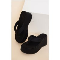 Black Round Toe Chunky Platform Ribbed Padded Straps Flip Flops | PrettyLittleThing US