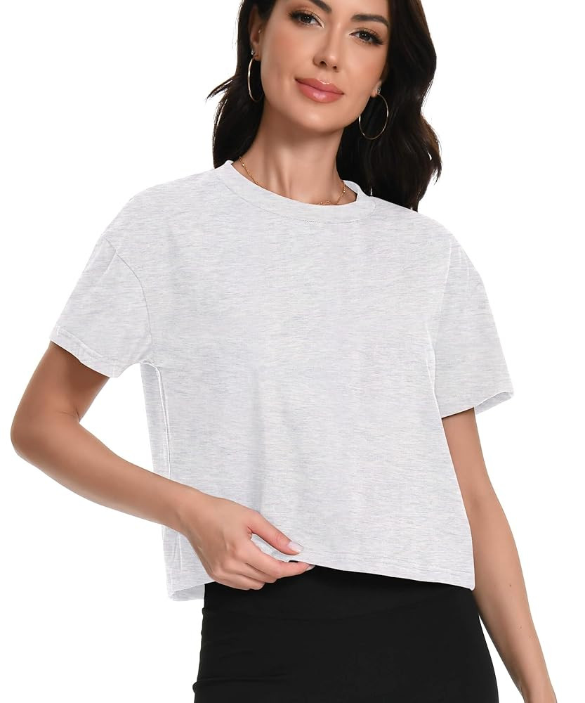 Womens Crew Neck Crop Top Casual Cotton Short Sleeve T-Shirts Summer Clothes Trendy Comfy Soft Te... | Amazon (US)