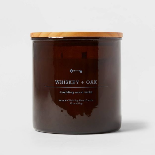 23oz XL 3-Wick Whiskey + Oak Wooden Amber Glass with Wood Lid and Stamped Logo Amber - Threshold... | Target