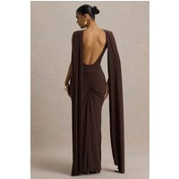 Premiere | Brown Boat-Neck Maxi Dress With Cape Sleeves And Open-Back | Club L London