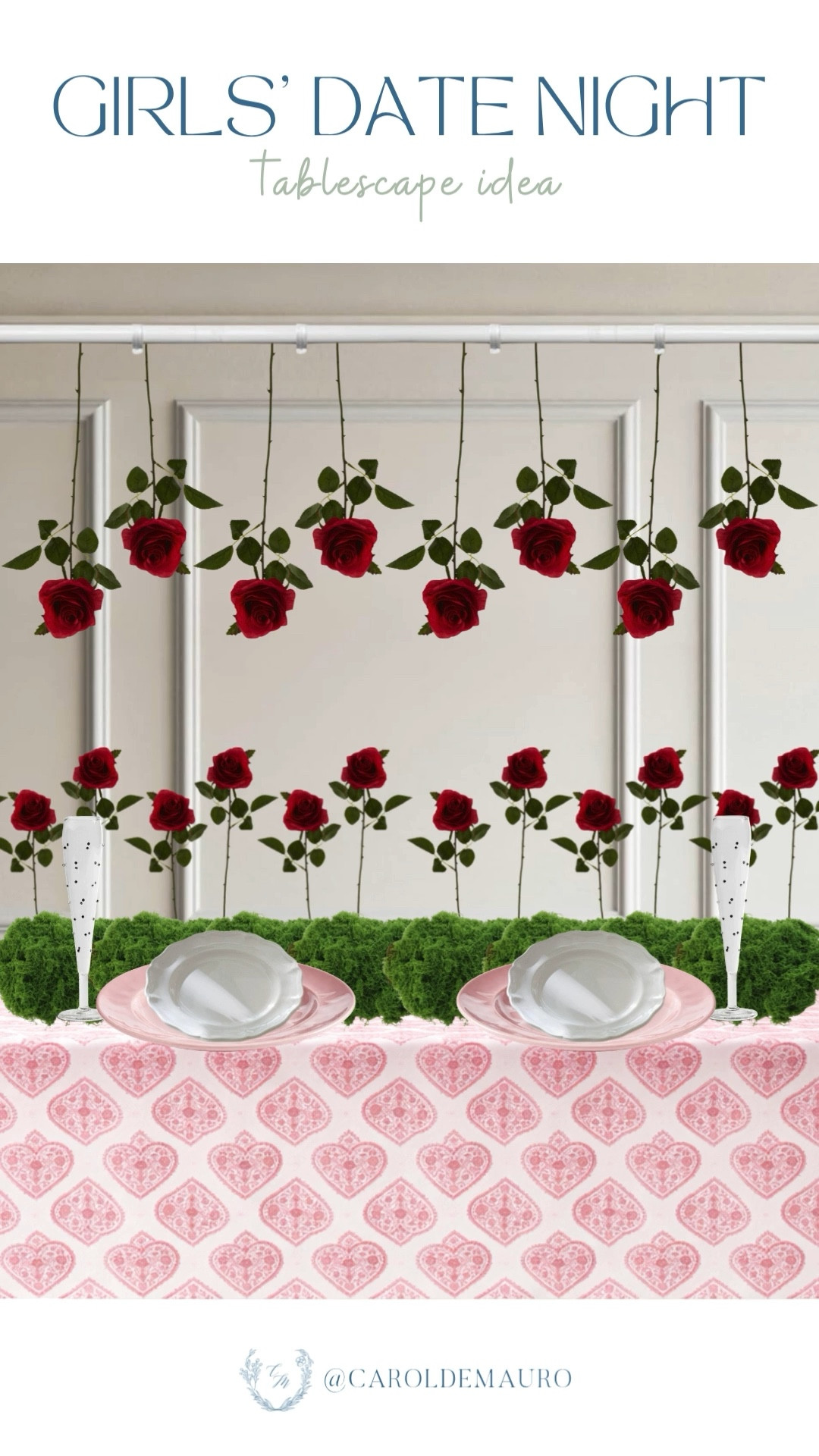 Here's how to set up your next girls' date night with your friends with this tablescape idea! All you need is a hanging rod with pretty faux roses stems, printed heart table runners, cute pink plates, and fluted dotted glasess.

dinner table, party inspo, drinkware, hostess life, entertaining at home, decor inspo, table setting, flower arrangement

#LTKHome #LTKU #LTKSeasonal