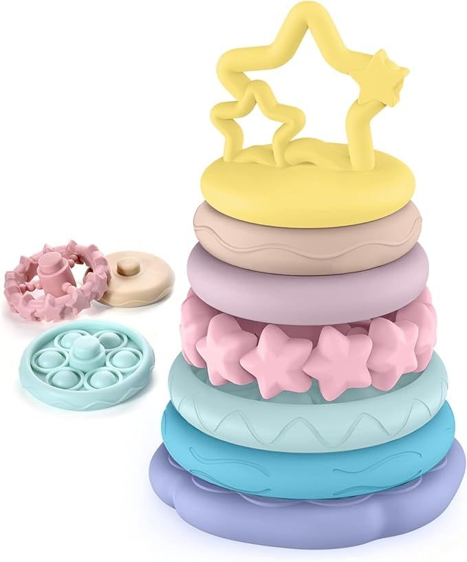 7 Pcs Stacking Toys Baby Toys, Toddler Montessori Sensory Soft Rings Stacker, Teething Infant Toy... | Amazon (US)