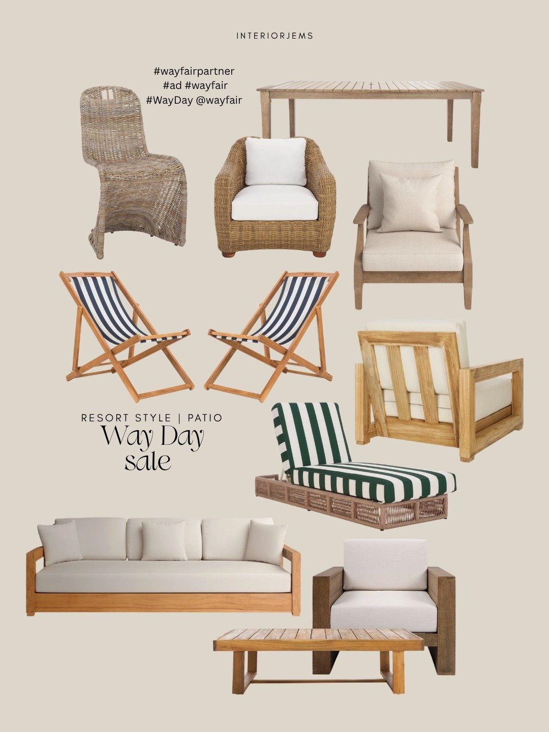 Way Day is when I go straight for the pieces that give that resort feel without the resort price, and as a #WayfairPartner these are some of my favorites right now. The woven chairs have that relaxed, coastal texture, the wood frame seating feels clean and high-end, and those striped sling chairs and chaise add just enough pattern to make the whole space feel styled. Even the simple wood table and coffee table keep everything grounded and warm without overcomplicating it.

This is the kind of mix that makes your patio feel like a getaway… layered, comfortable, and actually usable day to day.

Way Day is live with up to 80% off and free shipping, and these are the pieces I wouldn’t wait on.

#ad #wayfair #WayDay @wayfair 
