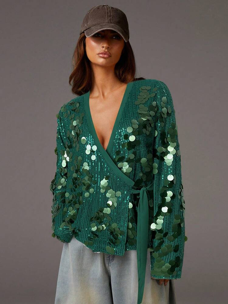 Athîral Women's Fashionable Party Sequin Surplice Neck Knot Side Blouse, Green Blouses, Sequin Tops, Sequin Top Women, Green Sequin Top | SHEIN