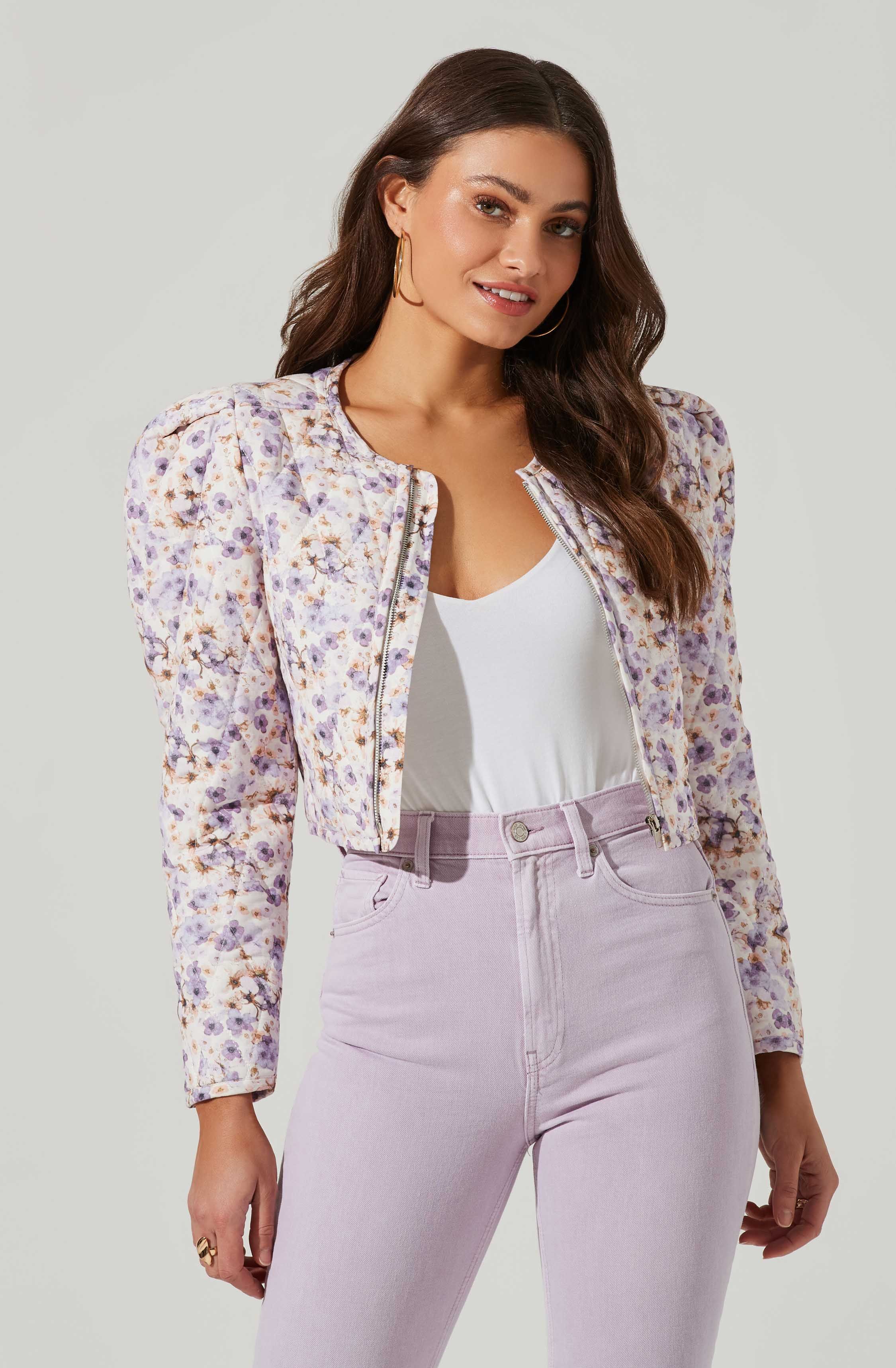 Brea Floral Quilted Cropped Puff Sleeve Jacket | ASTR The Label (US)