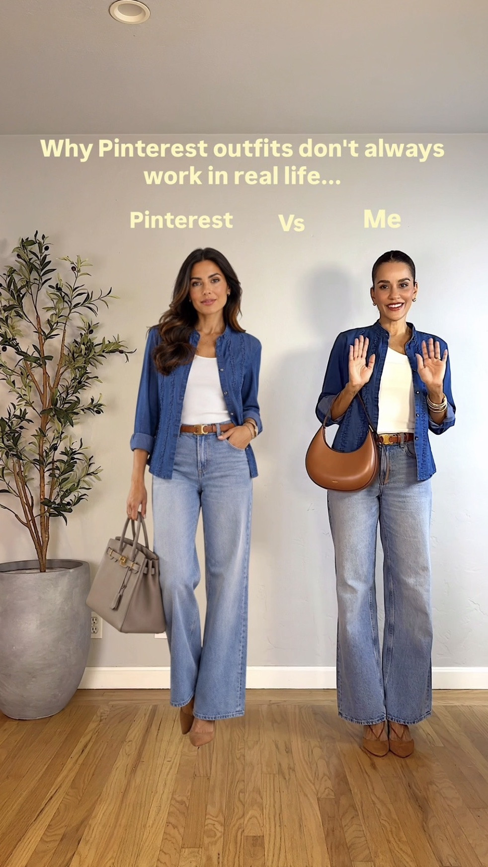 I kept the same easy formula—denim shirt, white tank, and wide-leg jeans—then added warm brown accessories to make it feel more practical, polished, and wearable for everyday life.

Would you copy the Pinterest version or style it your own way? Similar pieces are linked so you can recreate the look. ✨

Pinterest outfit inspiration, Pinterest vs real life, denim shirt outfit, double denim outfit, wide leg jeans outfit, white tank outfit, brown accessories, casual chic outfit, timeless outfit formula, elevated everyday style, women over 40 fashion, classic casual style, wearable outfit ideas, effortless fashion, capsule wardrobe, denim on denim, LTK outfit inspiration, Real Life Chic.

#LTKgrwm #LTKootd #LTKOver40