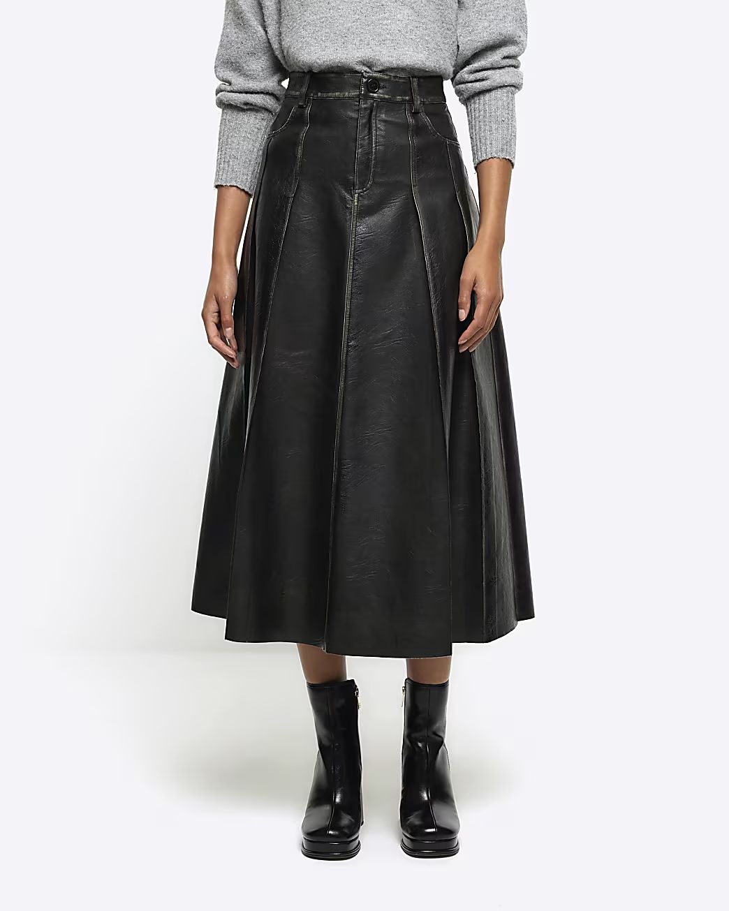 Black faux leather distressed midi skirt | River Island (UK & IE)