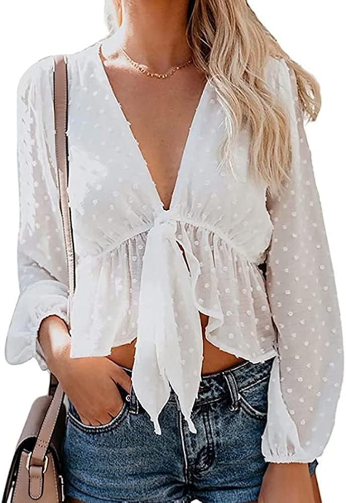 Women's Deep V Neck Front Tie Knot Shirt Long Lantern Sleeve Ruffle Chiffon Crop Top Kimono Short... | Amazon (US)