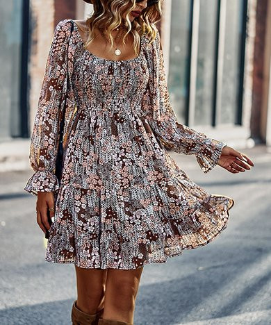 Gaovot Brown Floral Empire-Waist Ruffle-Hem Dress - Women | Zulily
