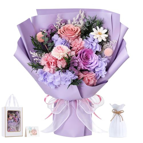 Lewondr Flower for Delivery, Preserved Flowers Bouquet, Purple Rose Bouquet, Real Long-Lasting Forever Birthday Flowers Gifts for Mom Grandma Wife Women Mothers Day Anniversary Christmas, Pink-Purple | Amazon (US)