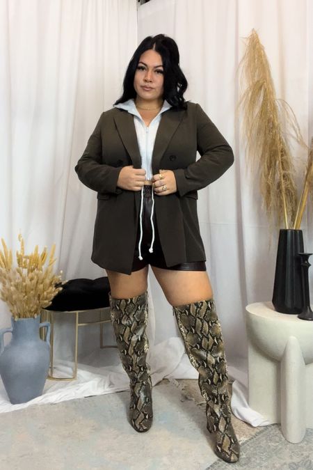 The hoodie isn’t live on the site yet but linked a similar one 
Blazer size large 
Shorts size 1
Boots size 11 wide calf 

#LTKcurves #LTKshoecrush #LTKbeauty