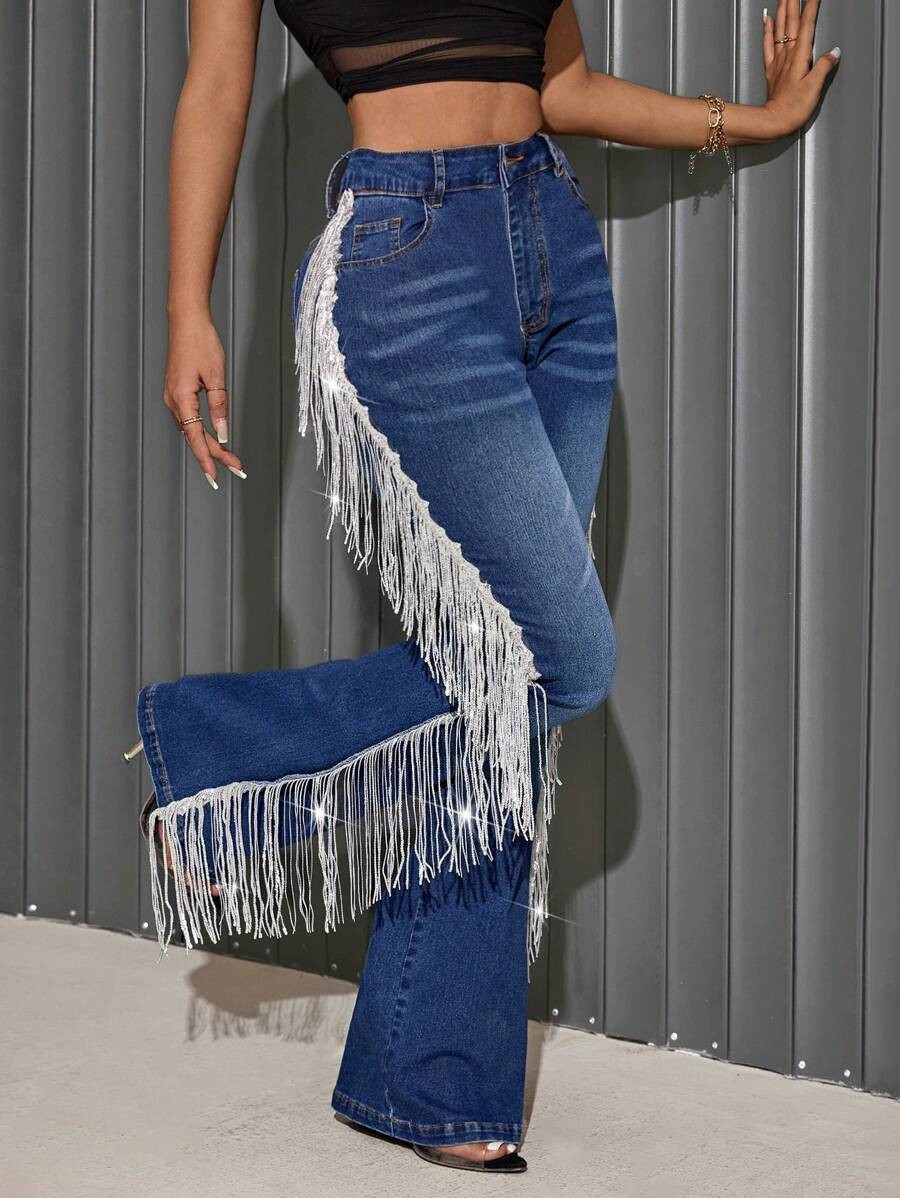 SHEIN SXY Women's Flared Denim Jeans With Tassels, For Going Out And Parties | SHEIN
