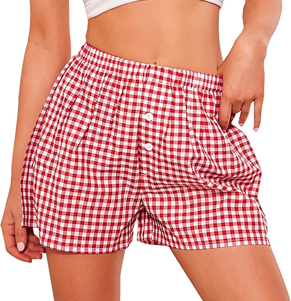 PRETTYGARDEN Womens Boxers Pajama Shorts 2025 Summer Gingham Lounge Sleep Y2K Plaid Pj Shorts Bea... | Amazon (US)