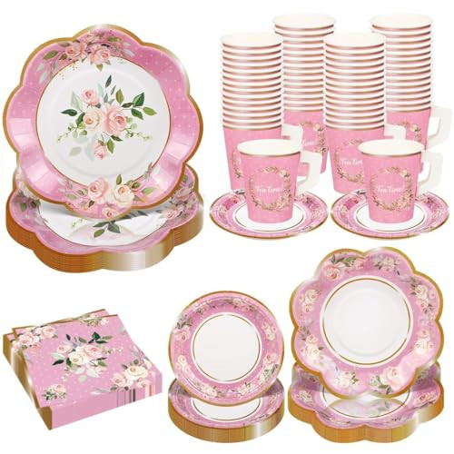 TWOWYHI 136Pcs Floral Tea Party Supplies for 25 Floral Tea Cups with Handle 9” 7” Floral Paper Plates Disposable Flower Cups and Saucers Sets for Garden Birthday Bridal Wedding,Pink | Amazon (US)