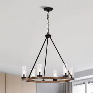 Daniela Natural Wood and Antique Black Metal Bubble Glass Chandelier - Antique Black | Bed Bath & Beyond