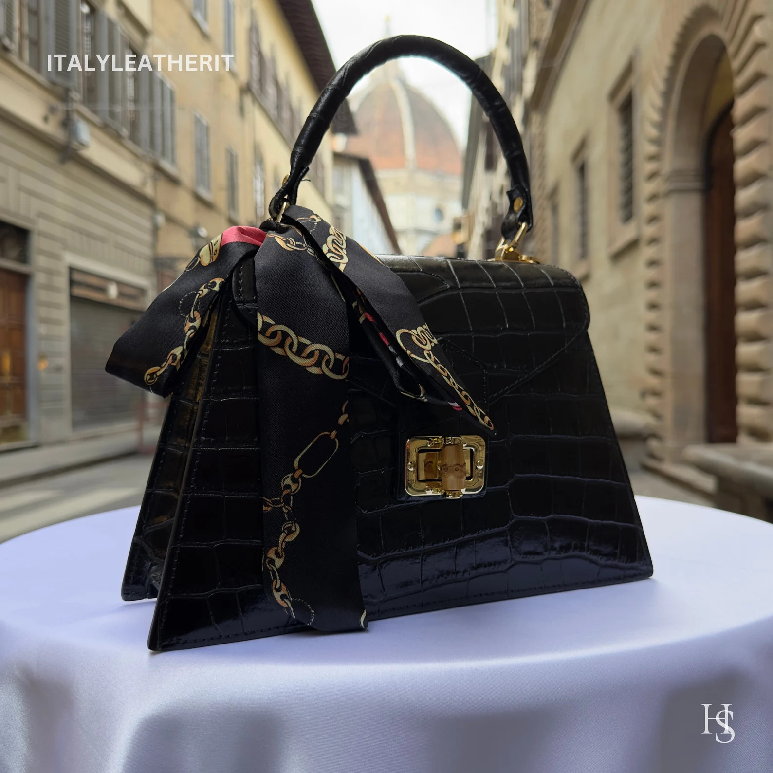 Black Italian Leather Tote Bag – Elegant Top Handle Purse with Scarf – Handmade in Florence | Etsy (US)