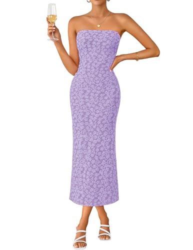 ZESICA Women's 2026 Summer Floral Strapless Bodycon Midi Dress Off Shoulder Beach Formal Cocktail Wedding Guest Long Dresses Purple X-Large | Amazon (US)