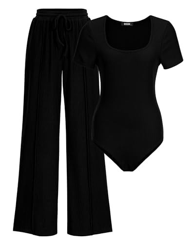 BTFBM Womens Casual 2 Pieces Outfits Dressy Square Neck Short Sleeve Bodysuit Drawstring Pants Knit Lounge Matching Sets(Black, Medium) | Amazon (US)