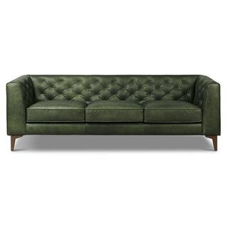 Essex 89 in. Square Arm Leather Rectangle 3-Seater Sofa in Olivine Green | The Home Depot