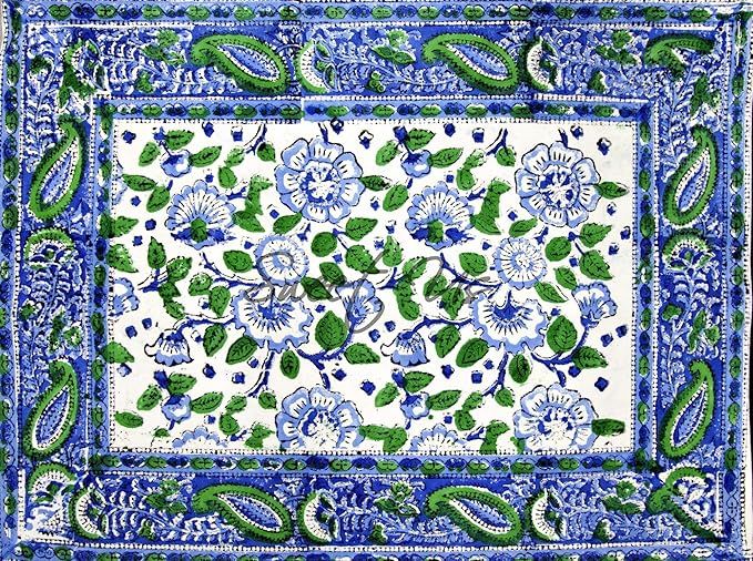 Sweet Us Block Print Placemat White Blue Green Floral Paisley Cotton Kitchen, Dining Table Linen ... | Amazon (US)