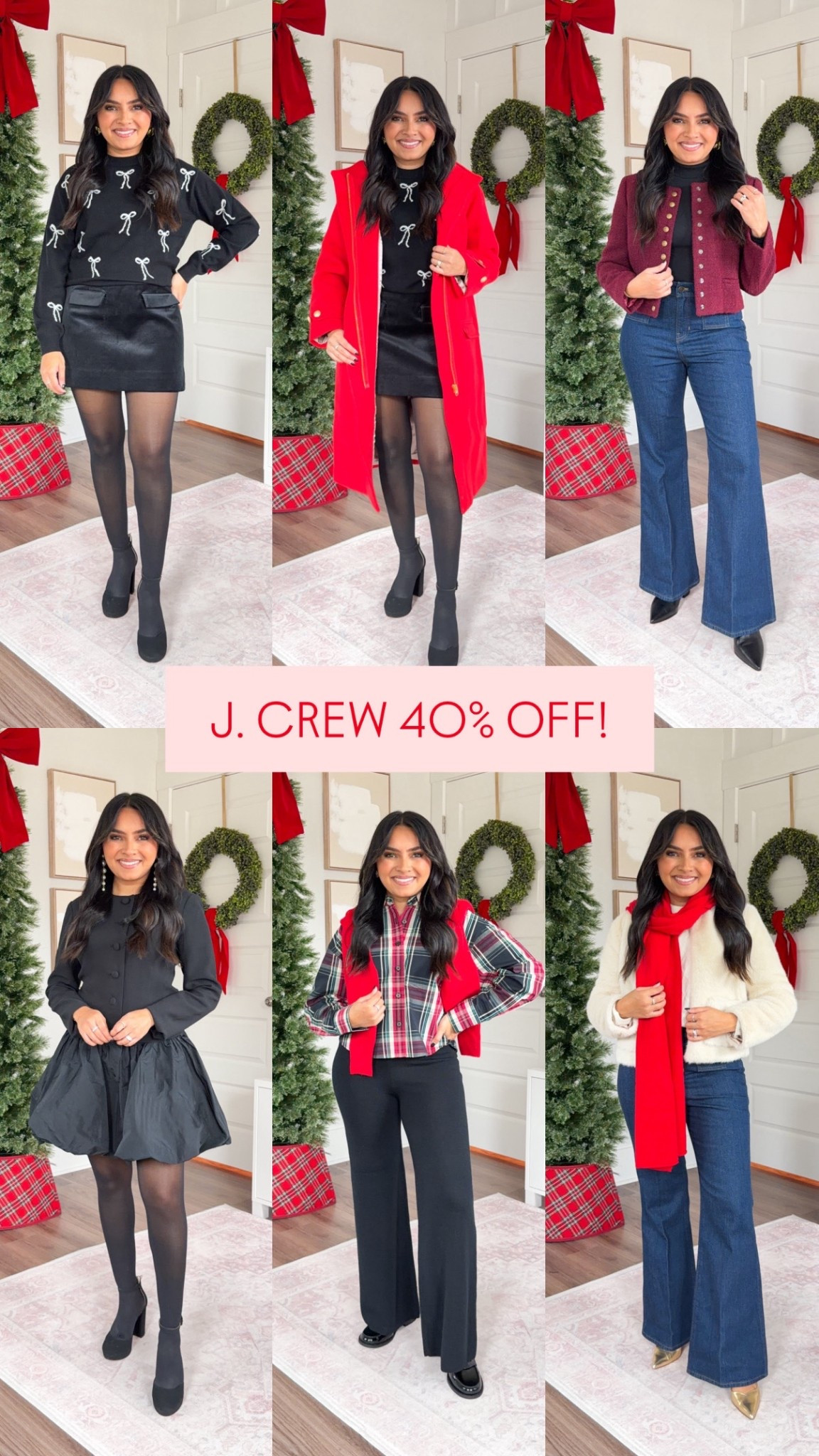 Bow sweater size xxs TTS
Velvet mini skirt size 2 TTS
Black tights size small TTS
Black platform heels size 5 TTS

Vintage Red coat size 2 petite - sized up a size to be able to zip up

Wilshire red burgundy color tweed jacket size 00 regular - should have sized up one size to button
Black turtleneck size xxs TTS
Rinse wash flare jeans size 2 petite TTS - runs a little snug so if you like room in the waist, size up a size
Black boots size 5.5 TT

Black button down dress size 2 regular - sized up one size after reading reviews that this dress runs small.
Black tights size small TTS
Black platform heels size 5 TTS

Tartan cropped button down size xxs regular TTS
Classic cardinal red sweater size xxs regular TTS
Black sweater pants size small petite TTS
Black loafers size 5 TTS

Natural ivory faux fur jacket size xxs regular - runs small, should have sized up a size to be able to button. 
Cream sweater size xs TTS
Rinse wash flare jeans size 2 petite TTS - runs a little snug so if you like room in the waist, size up a size
Gold heels size 5 TTS


#LTKFindsUnder100 #LTKSaleAlert #LTKPetite