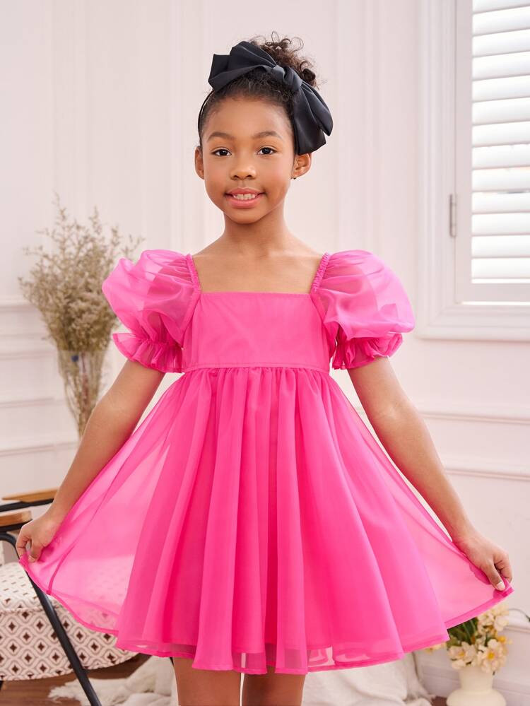 SHEIN Girls Solid Puff Sleeve Dress | SHEIN