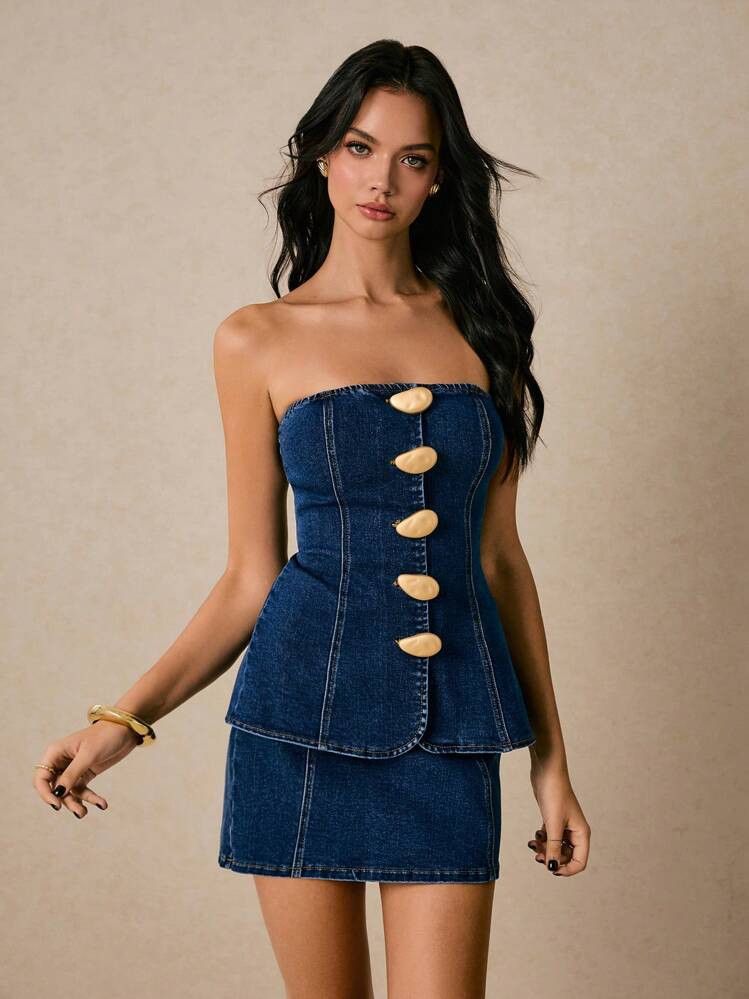 Poéselle Women's Denim Suits Denim Tube Top And Jeans Skirt Metal Button Decoration Women's Two Pieces Suits Elegant Suits Women's Denim Tube Top & Mini Skirt 2 Pieces Set, Fashionable For Summer Two Pieces Outfits Women Sets Two Pieces Country Concert Outfit Concert Women Outfit Birthday Outfit Streetwear Women Denim Outfit Festival Set, Old Money, Business Casual Woman | SHEIN