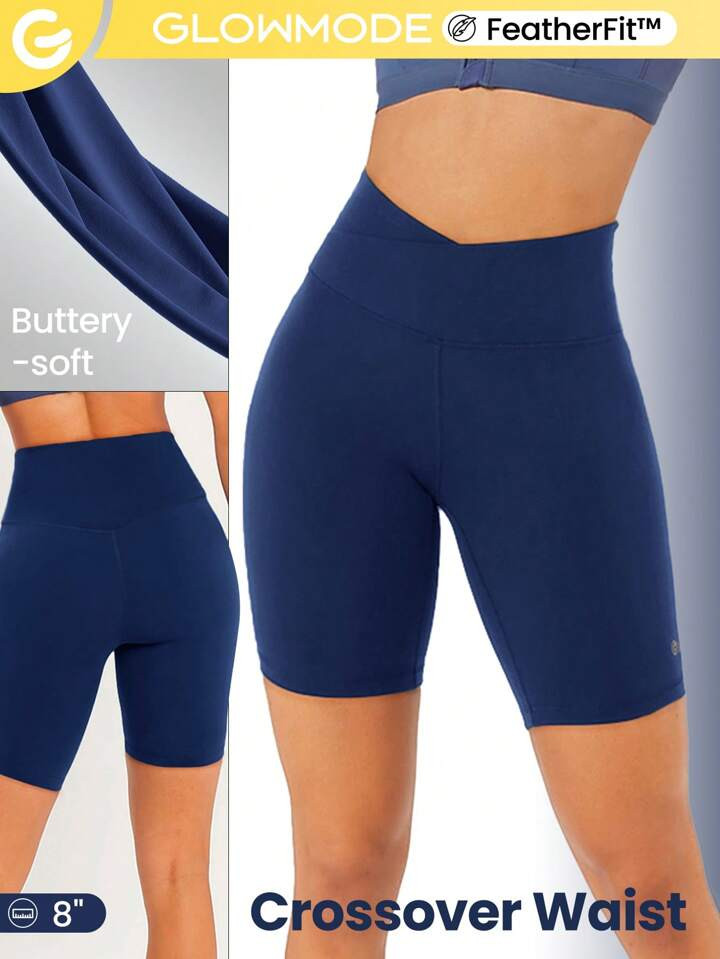 GLOWMODE 8" FeatherFit™ Crossover Biker Shorts Breathable Cycling Running Gym Workout | SHEIN