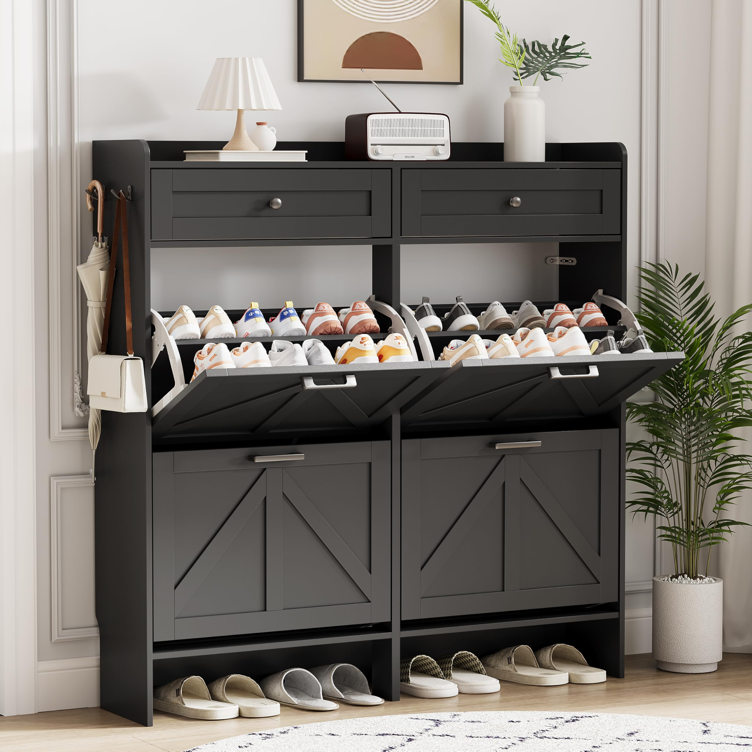 Shoe Cabinet with 4 Flip Drawers & 2 Top Drawers, 43" Tall Freestanding Narrow Wooden Shoe Storag... | Amazon (US)