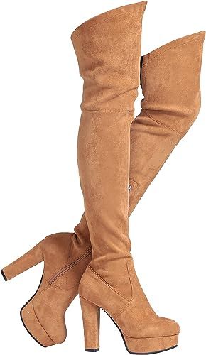 Shoe'N Tale Women Stretch Suede Chunky Heel Thigh High Over The Knee Boots | Amazon (US)