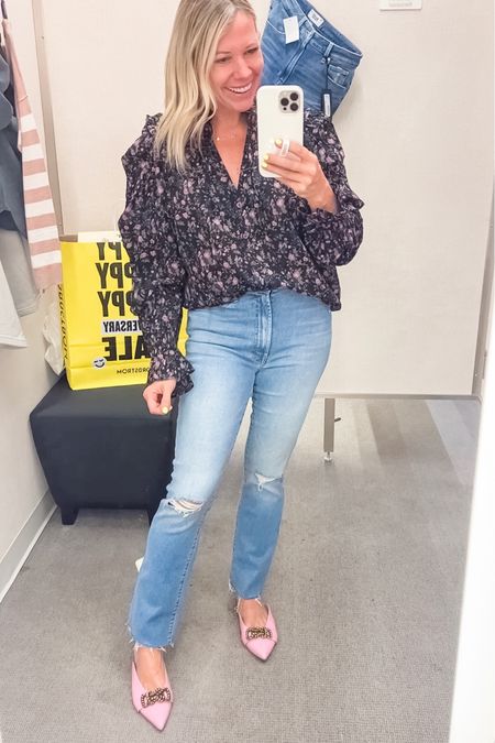 Nordstrom Labor Day sale mother jeans on sale with a free people top and pink mules. Jeans run tts, top runs big make sure to size down. Mules run small make sure to size up.  I have on a 26 in the jeans, XS top and 8.5 miles. Denim fall shirts tops 

#LTKsalealert #LTKstyletip #LTKSeasonal