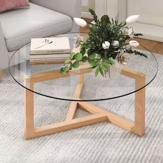 36 in. Oak Medium Round Glass Coffee Table | The Home Depot