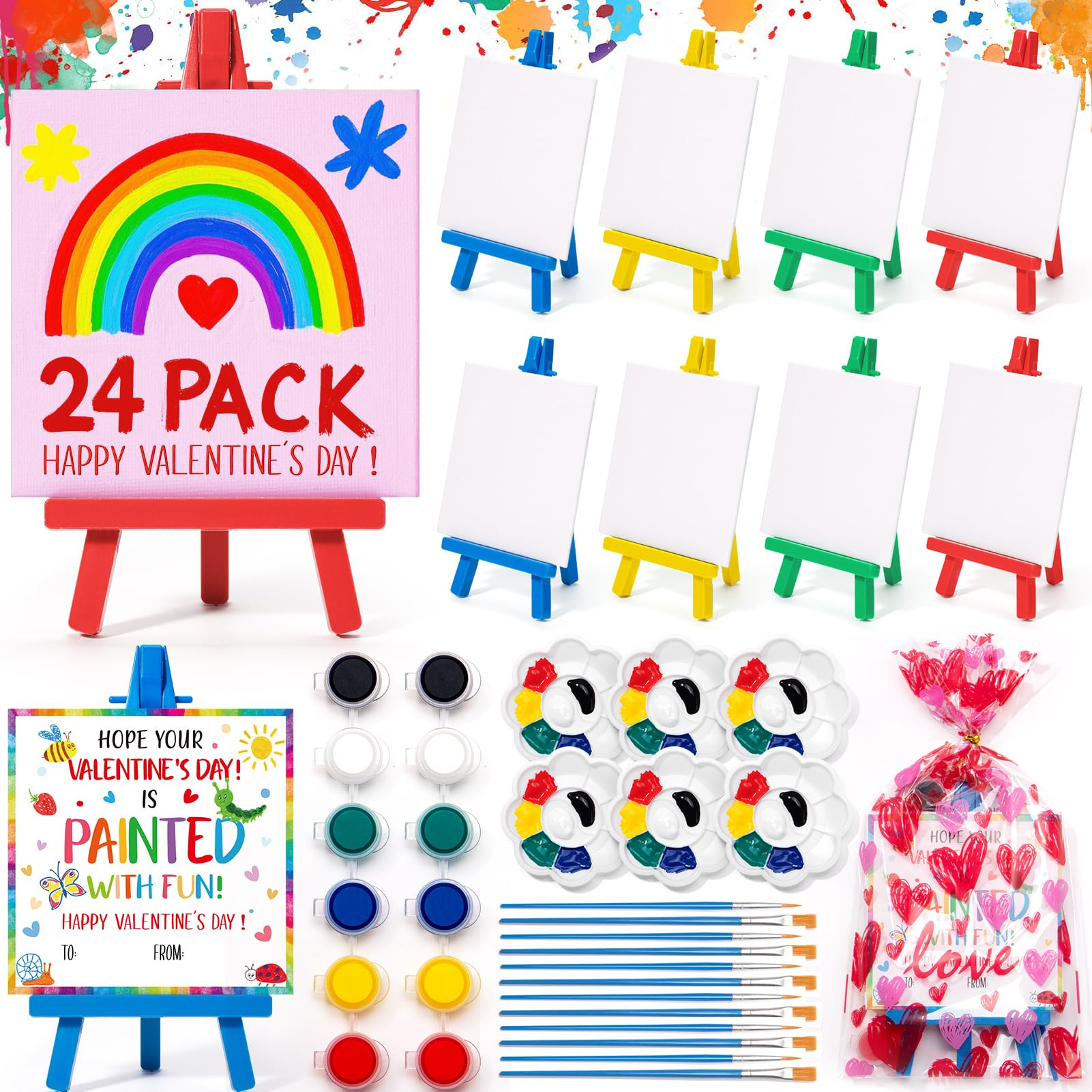 Valentines Day Gifts for Kids, 24 Set Mini Acrylic Paint Kit with Valentines Day Cards, Plastic E... | Amazon (US)