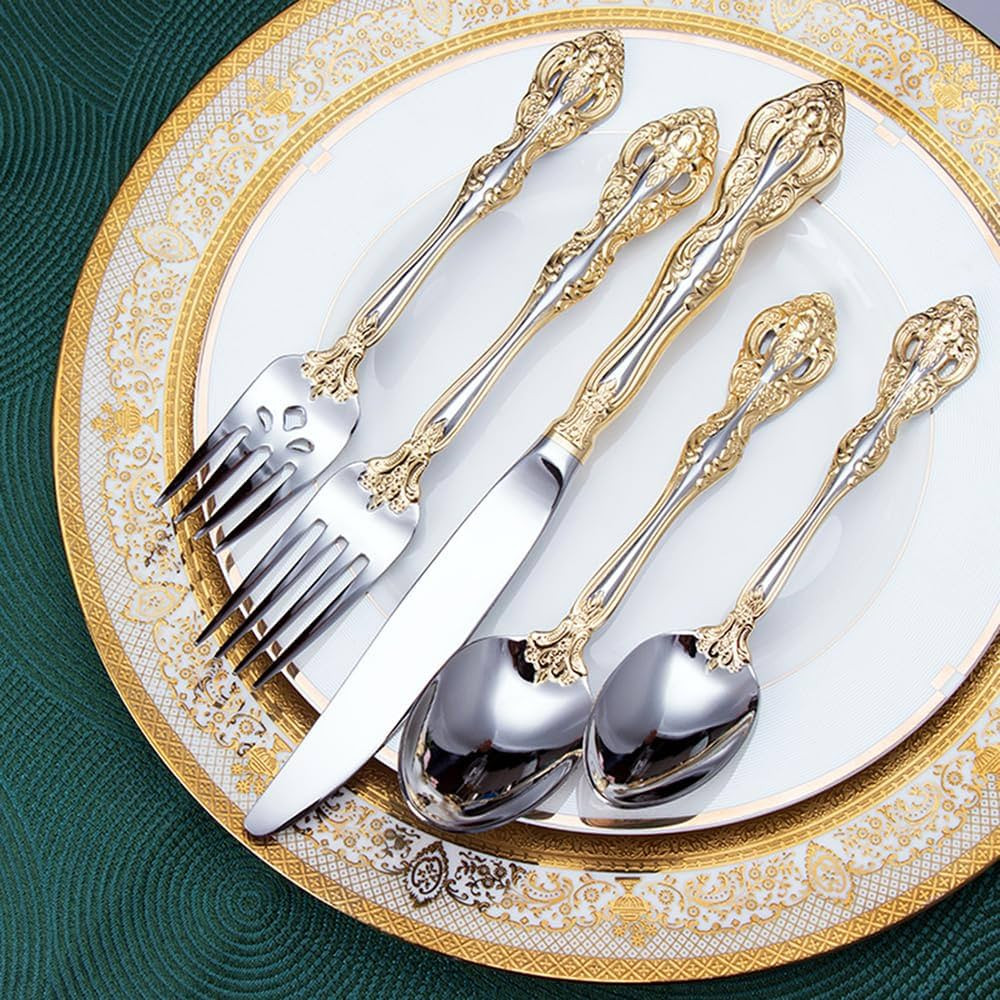 40 Piece Golden Michelangelo Flatware Set for 8, Luxury Silverware Set, 18/10 Stainless Steel Fla... | Amazon (US)