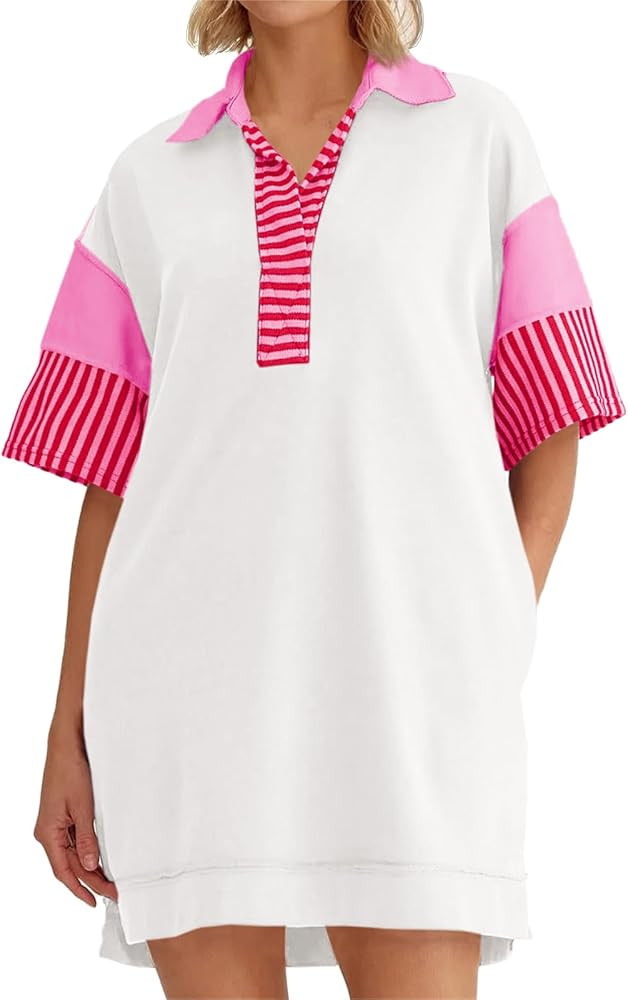 Wenrine Women's Polo V Neck T Shirt Dress Casual Summer Oversized Color Block Short Sleeve Sweats... | Amazon (US)