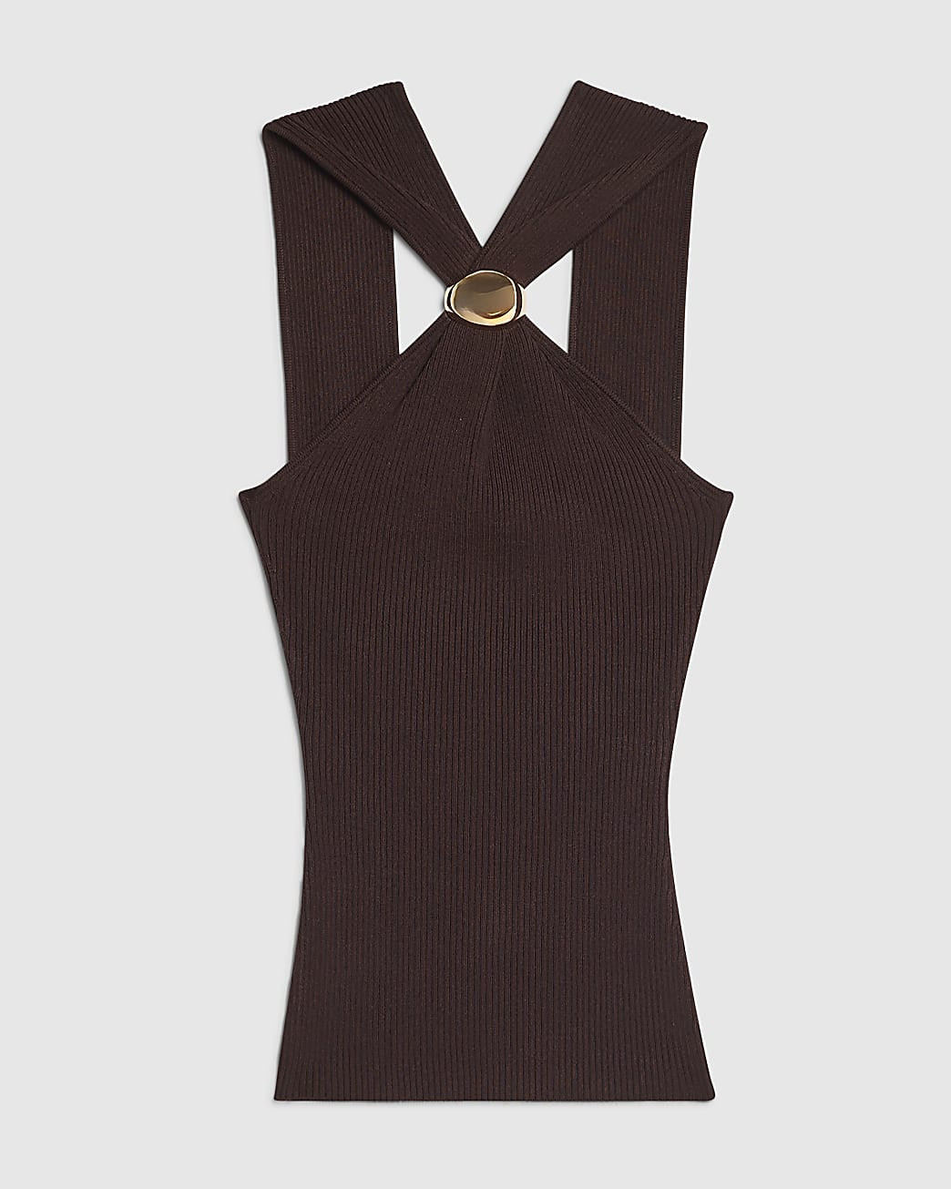 Brown Knitted Halter Neck Brooch Top | River Island UK & IE