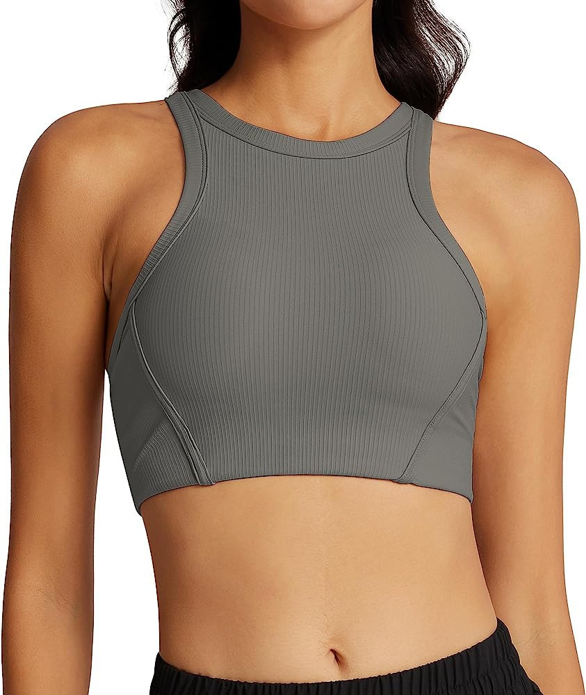colorskin Womens Racerback High Neck Sports Bra - Longline Ribbed Medium Support Padded Yoga Work... | Amazon (US)