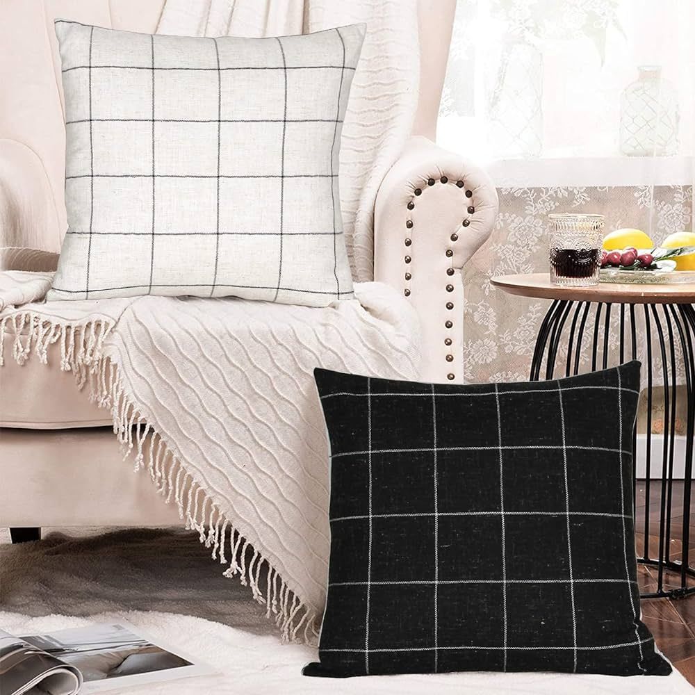 Basic Model Set of 2 Plaid Throw Pillow Covers Two-Sided Modern Farmhouse Decorative Square Linen Pi | Amazon (US)