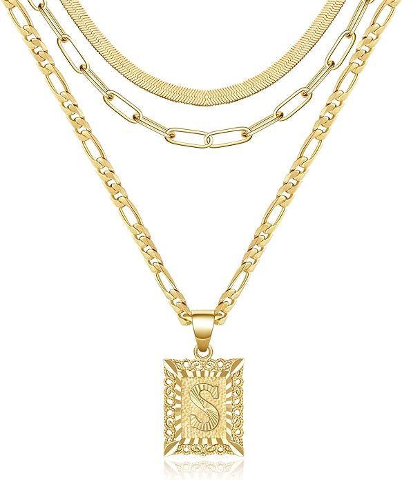 KissYan Gold Layered Necklace Set for Womens, 14K Gold Plated Initial Letter Pendant Necklace Pap... | Amazon (US)