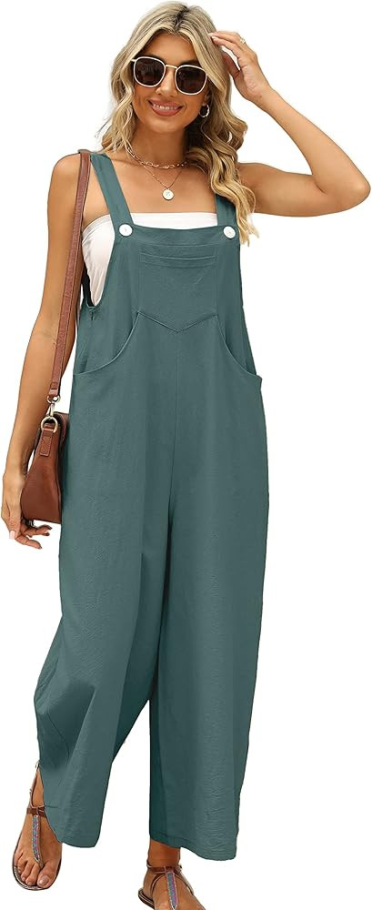Ynhonra Women's Sleeveless Wide Leg Jumpsuits Loose Linen Overalls Rompers with Pockets | Amazon (US)