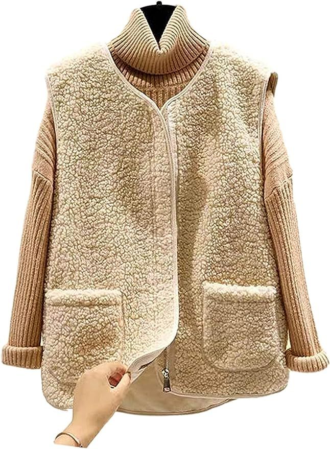 Yimoon Women's Short Fluffy Fuzzy Collarless Sleeveless Zip Up Gilet Vest(Beige-S) at Amazon Wome... | Amazon (US)