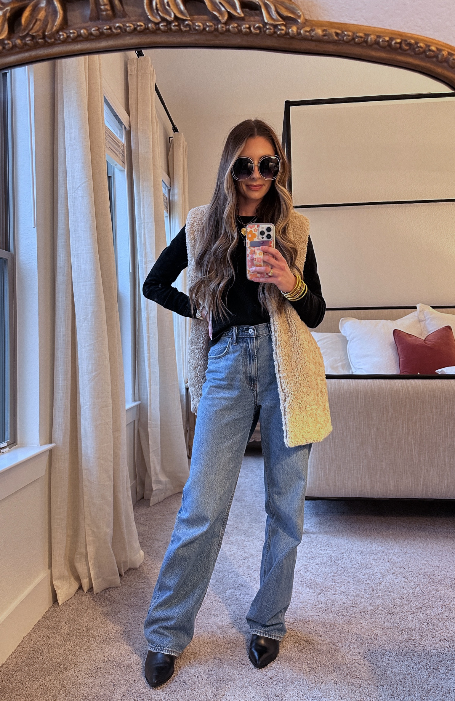 70s vibes, fur vest, neutral outfit, funky style, jeans are baggy fit and run a tad big imo! They’re one of my favorite pairs and I’m always grabbing for them! 

#LTKstyletip #LTKSpringSale #LTKfindsunder100