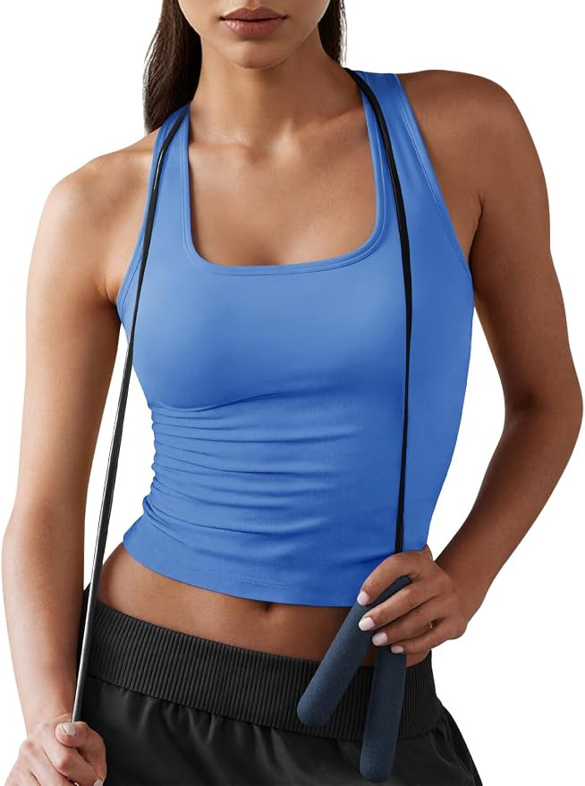Fisoew Womens Square Neck Sleeveless Tank Top Built-in Bra Racerback Tank Fitted Y2K Basic Workou... | Amazon (US)