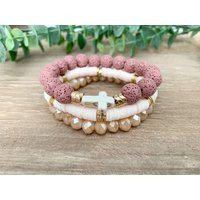 Bracelet Stack With Pink Lava Diffuser Beads, Gold/Champagne Rondelle & Vanilla/Cream Heishi Beads G | Etsy (US)