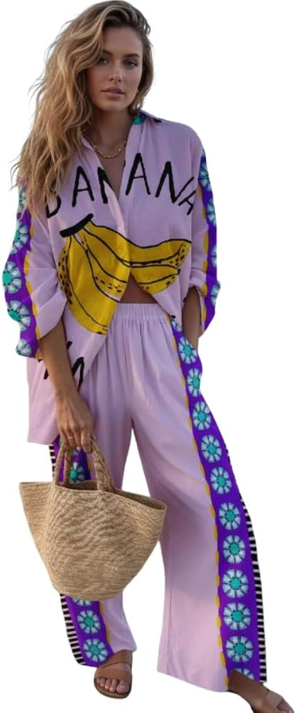 Women's Beach Vacation 2 Piece Outfits Long Sleeve Button Shirt Elastic Waist Wide Leg Pants Casu... | Amazon (US)