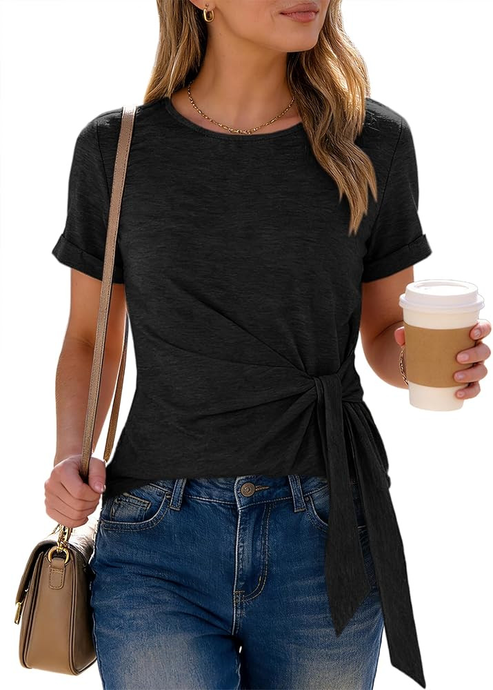 ANRABESS Womens Tops Summer Short Sleeve Crewneck Tie Waist Shirts Dressy Casual Blouse Tee 2026 ... | Amazon (US)