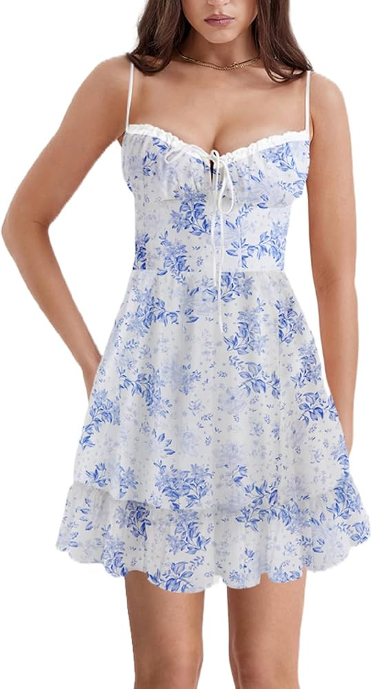 ROAONOCOMO Women Y2K Floral Print Mini Dress Low Cut Open Back Bodycon Dress Spaghetti Strap Goin... | Amazon (US)